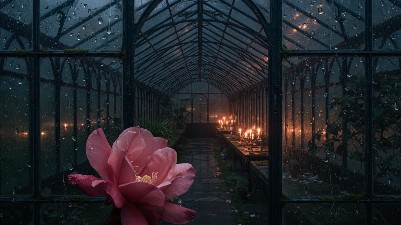Night greenhouse aisle, wet panes, one rose
